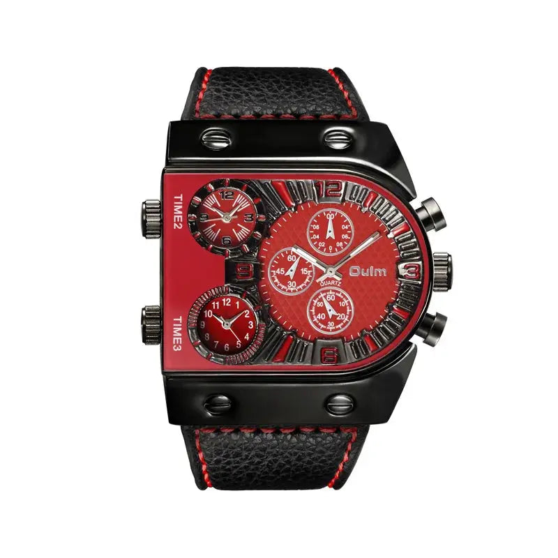Alcom Distribution luxury multi time zone watch with red dial and black leather strap