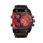 Alcom Distribution luxury multi time zone watch with red dial and black leather strap