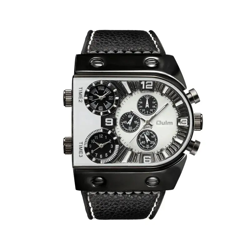 Alcom Distribution luxury multi time zone watch with black leather strap and multiple dials