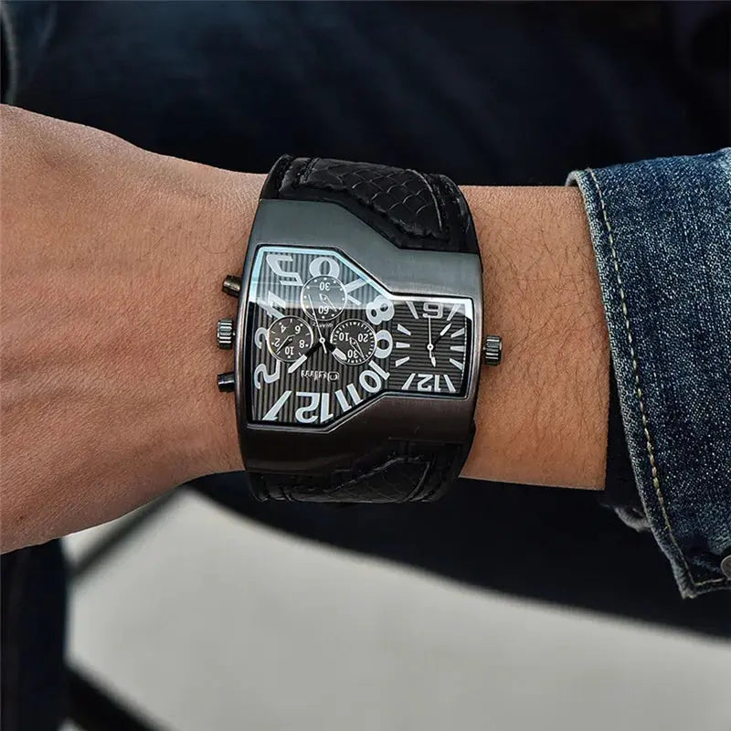 Alcom Distribution black rectangular men's dual time wristwatch with textured leather strap and bold numerals on wrist