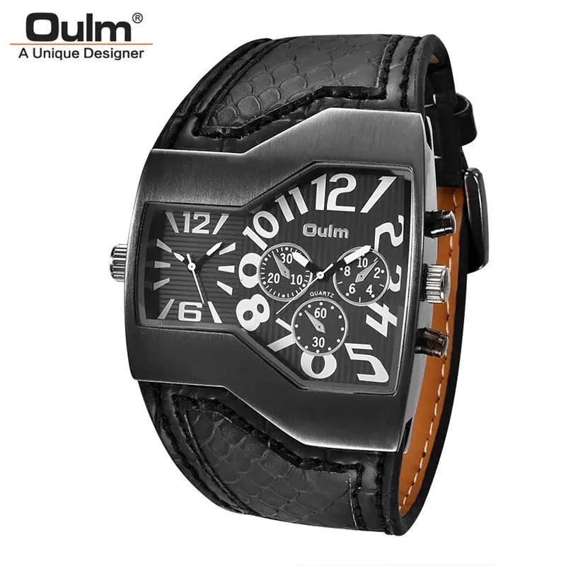 Alcom Distribution Oulm black leather strap men's dual time wristwatch with gunmetal asymmetrical case and multiple subdials