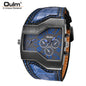 Alcom Distribution Oulm men's dual time wristwatch with angular black case blue dial and blue leather strap