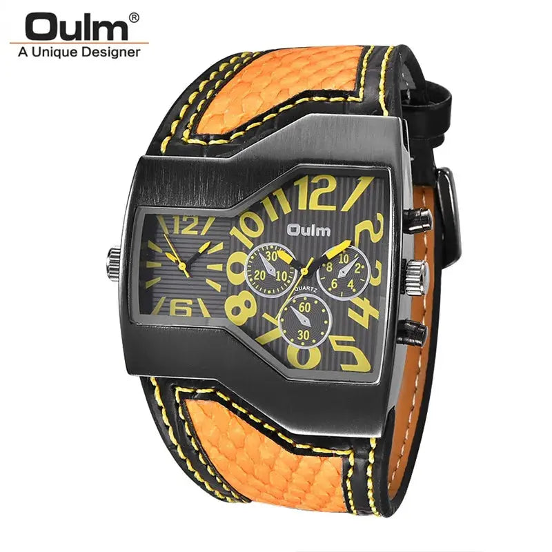 Alcom Distribution Oulm men's dual time wristwatch with black angular case yellow accents and orange leather strap
