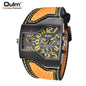 Alcom Distribution Oulm men's dual time wristwatch with black angular case yellow accents and orange leather strap
