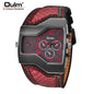 Alcom Distribution Oulm red and black textured leather men's dual time wristwatch with asymmetrical rectangular dial