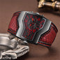 Alcom Distribution men's dual time wristwatch with angular brushed steel case red black dial and textured red leather strap