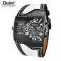 Alcom Distribution Oulm men's dual time wristwatch with black asymmetrical dial and white stitched leather strap