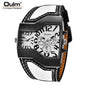 Alcom Distribution Oulm men's dual time wristwatch with asymmetrical brushed steel case and black white stitched leather strap