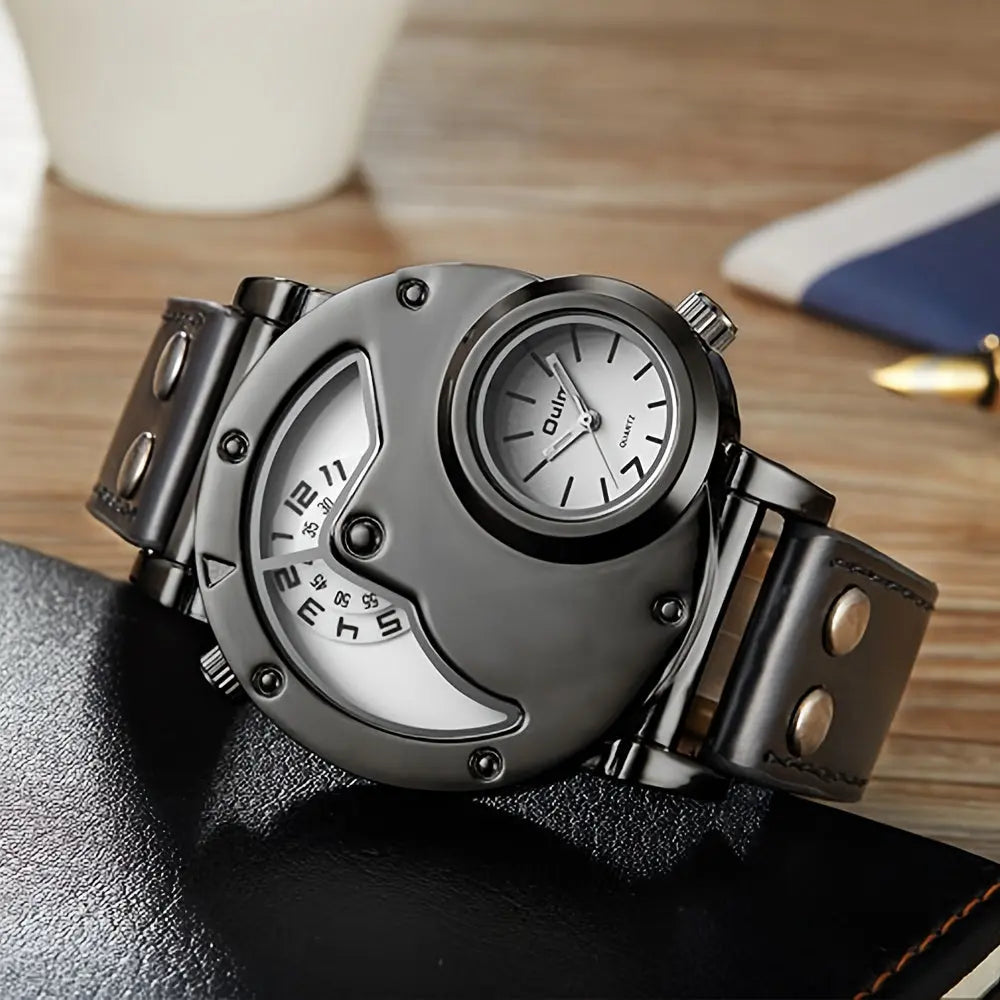Stylish travel watches for men with dual time dials and black leather strap by Alcom Distribution