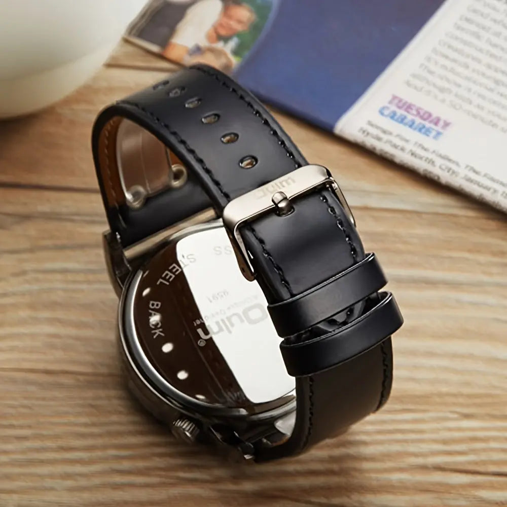 Alcom Distribution stylish travel watches for men with black leather strap and silver buckle