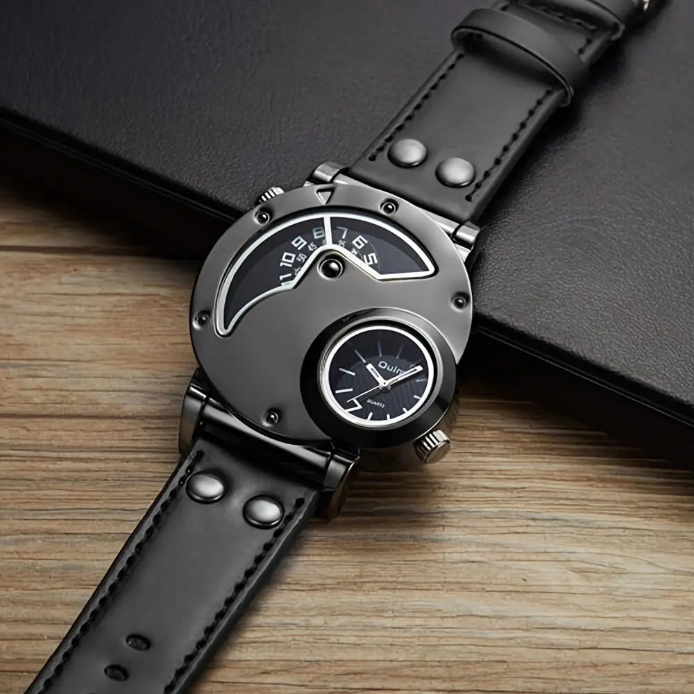 Alcom Distribution stylish travel watches for men with black leather strap and unique dual dial design