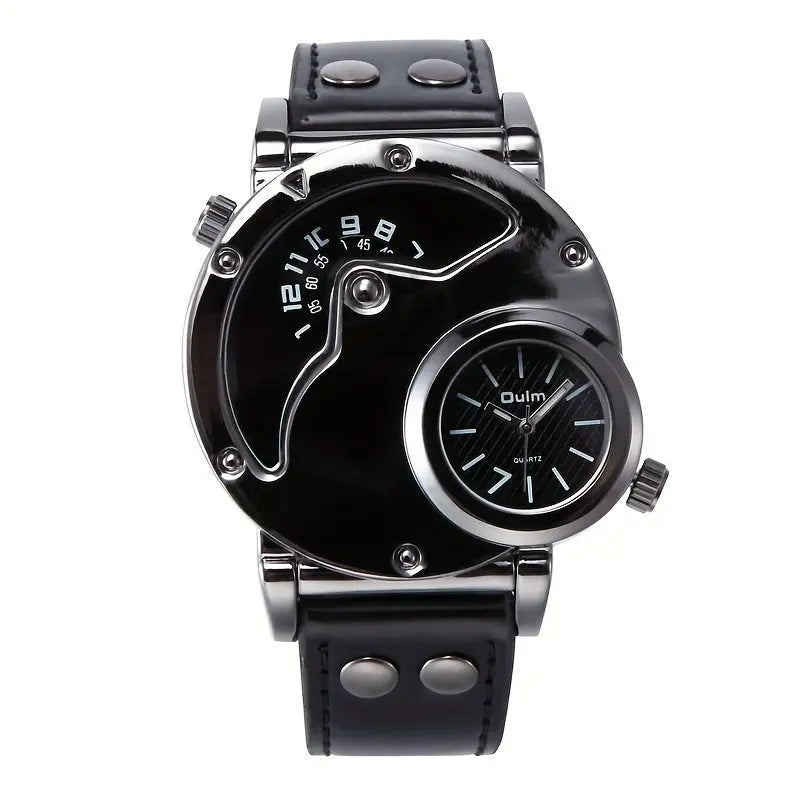 Alcom Distribution stylish travel watches for men with unique dual dial design and black leather strap