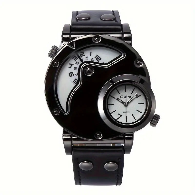 Alcom Distribution black leather wristwatch featuring unique dual dial design stylish travel watches for men
