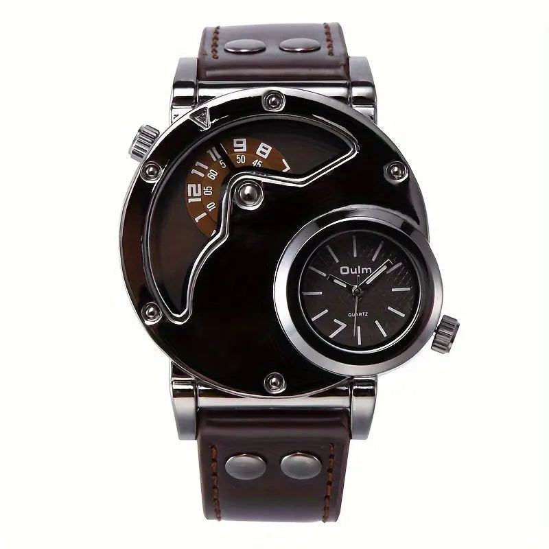 Alcom Distribution stylish travel watches for men with dual time display and brown leather strap