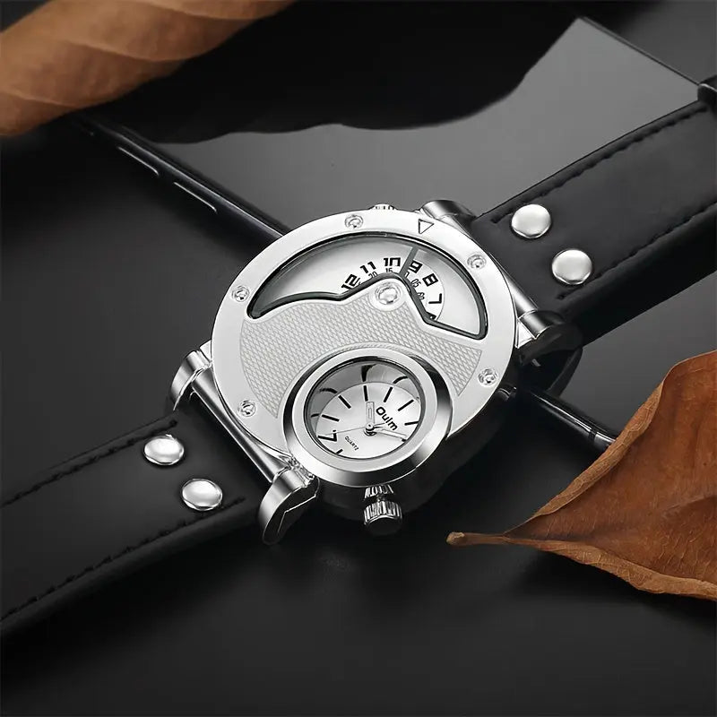 Alcom Distribution stylish travel watches for men with unique dual display and black leather strap