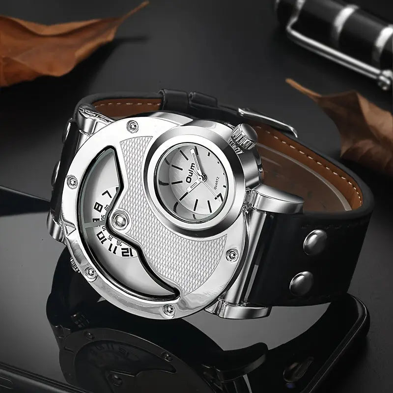 Stylish travel watches for men by Alcom Distribution with dual dials and black leather strap