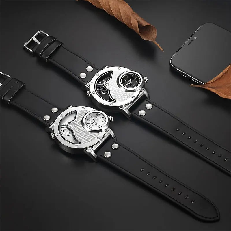 Alcom Distribution stylish travel watches for men with black leather straps and silver dials on black background