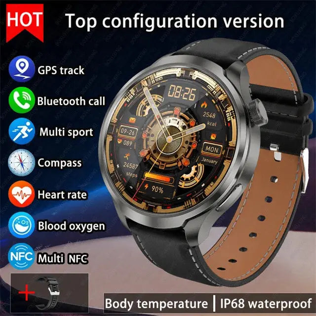 Alcom Distribution outdoor GPS smartwatch with leather band showing heart rate and multi sport features