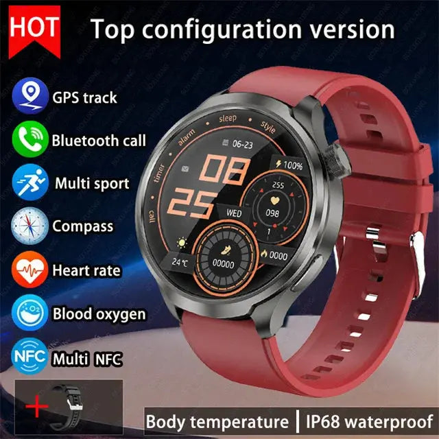 Alcom Distribution outdoor GPS smartwatch with red strap featuring GPS track compass heart rate and blood oxygen