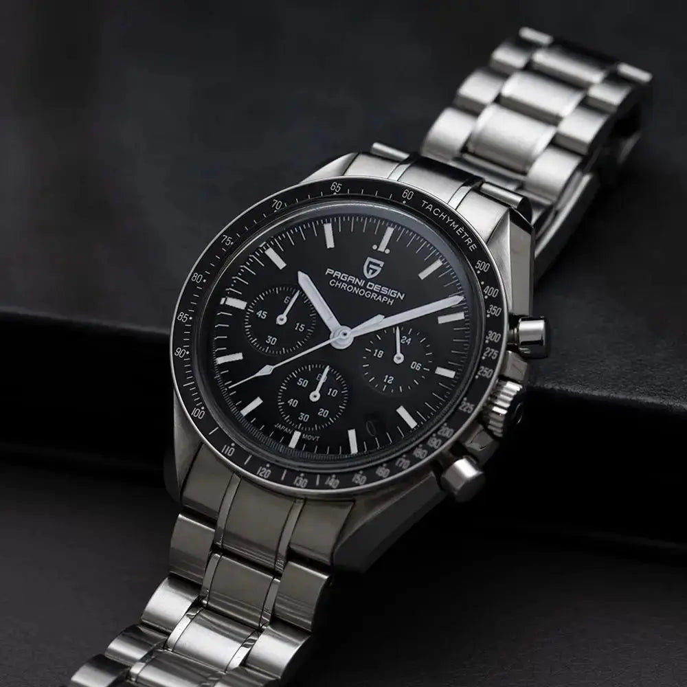 Pagani Design chronograph watch with stainless steel band and black dial by Alcom Distribution