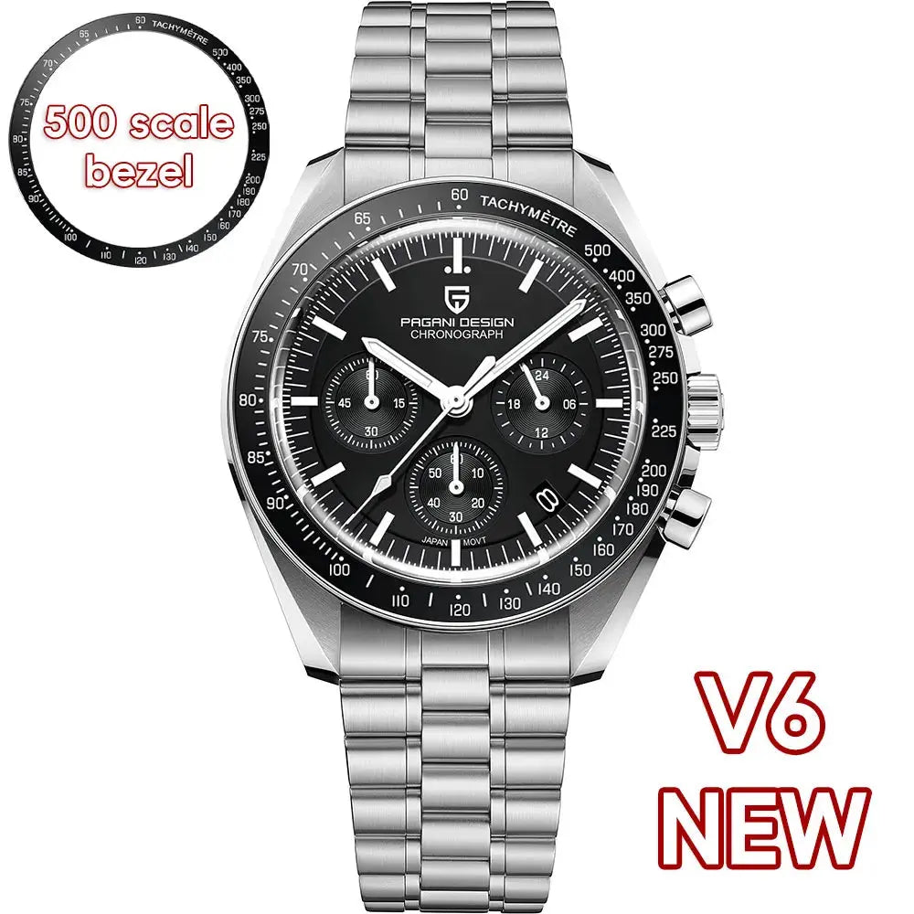 Pagani Design chronograph watch with stainless steel bracelet and 500 scale tachymeter bezel