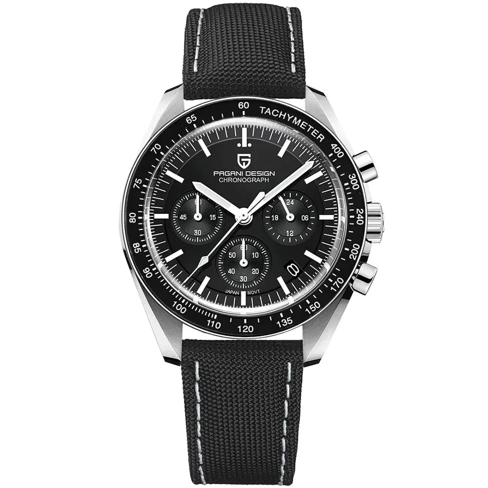 Pagani Design chronograph watch with black dial, tachymeter bezel, and black stitched fabric strap