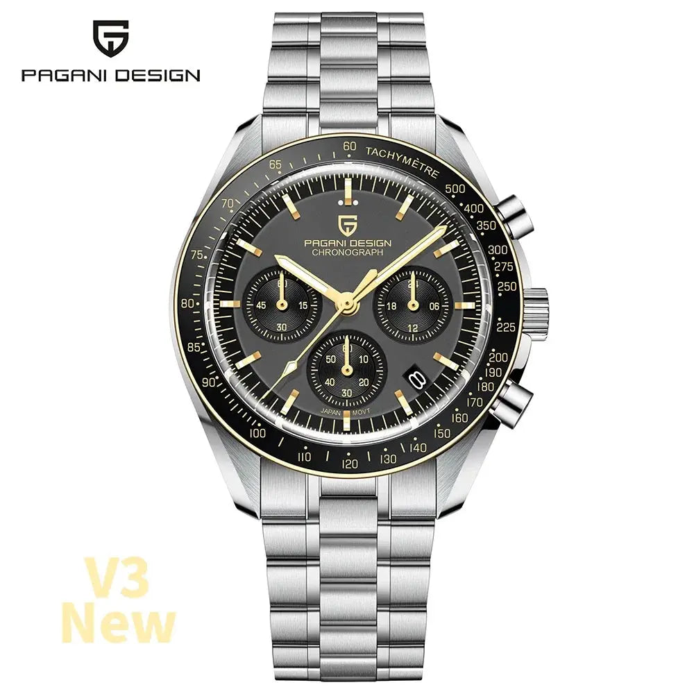 Pagani Design chronograph watch with stainless steel bracelet and black dial from Alcom Distribution