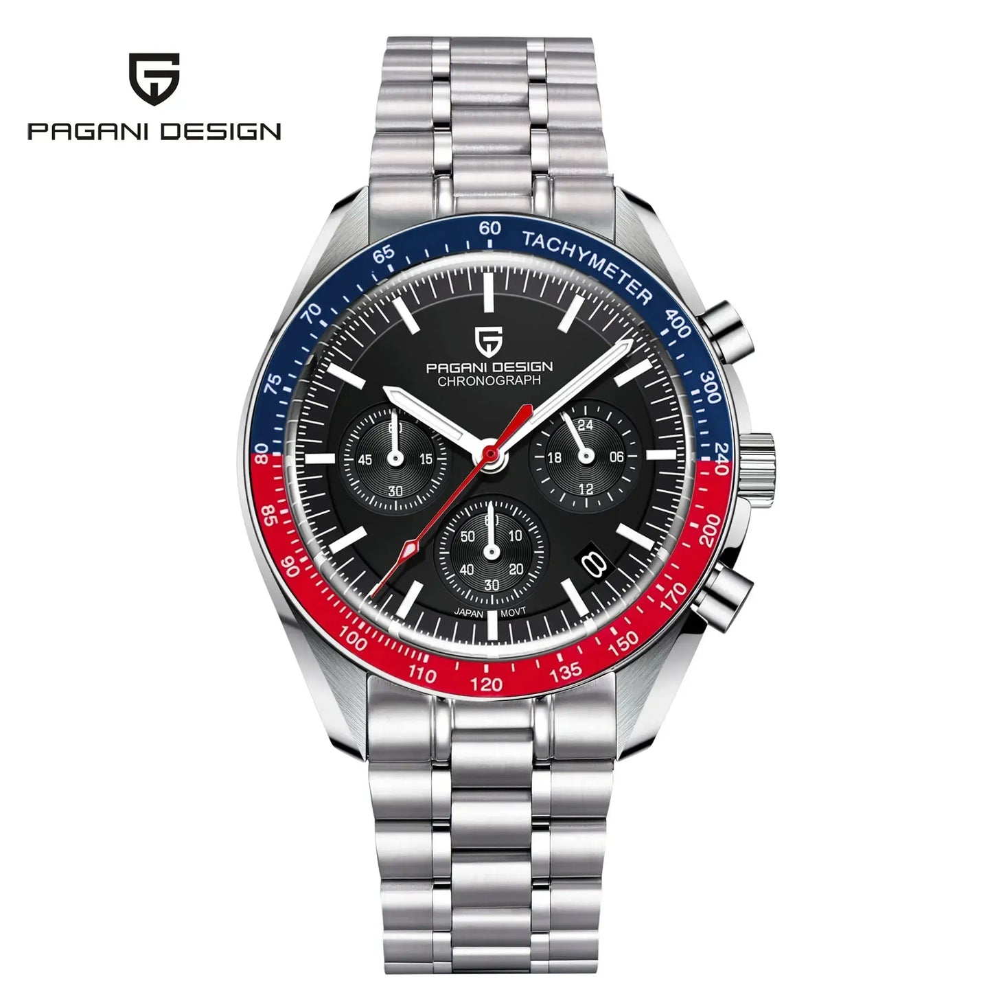 Pagani Design chronograph watch with black dial, red and blue tachymeter bezel, and stainless steel bracelet