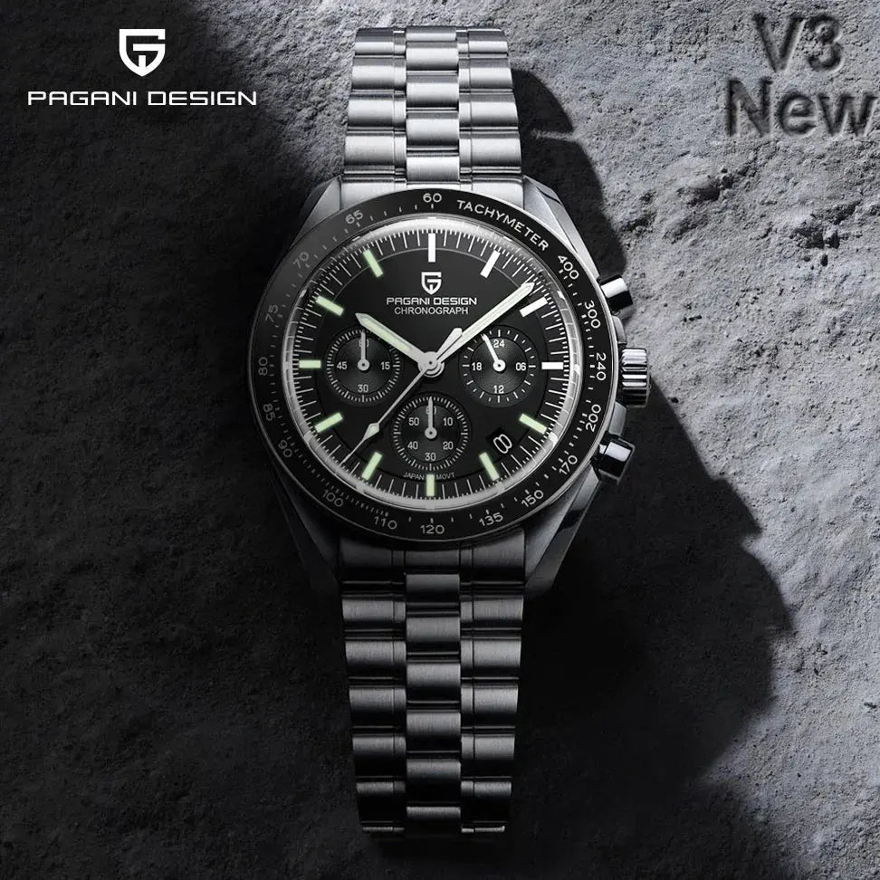 Pagani Design chronograph watch with black dial and silver stainless steel bracelet by Alcom Distribution