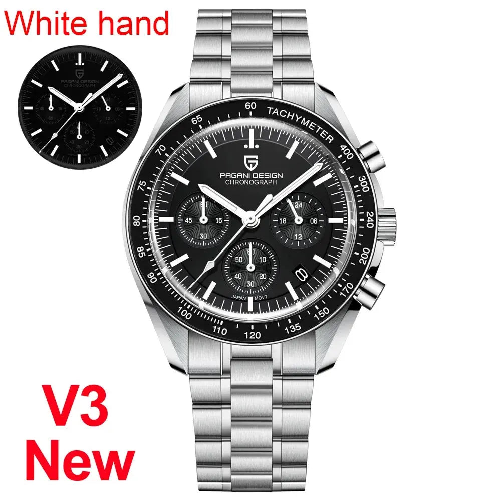 Pagani Design chronograph watch with black dial silver stainless steel band and tachymeter bezel