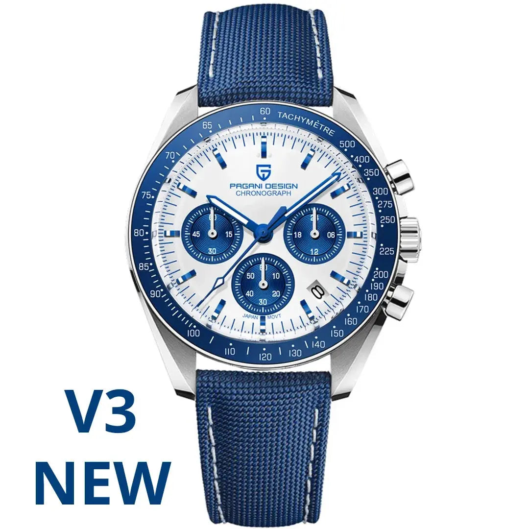 Pagani Design chronograph watch with blue fabric strap and white dial with blue subdials
