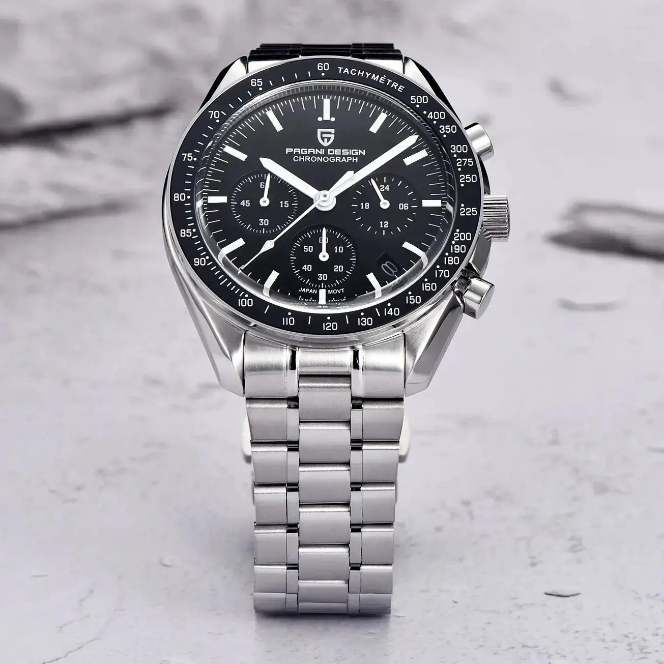 Pagani Design chronograph watch with black dial and stainless steel bracelet by Alcom Distribution
