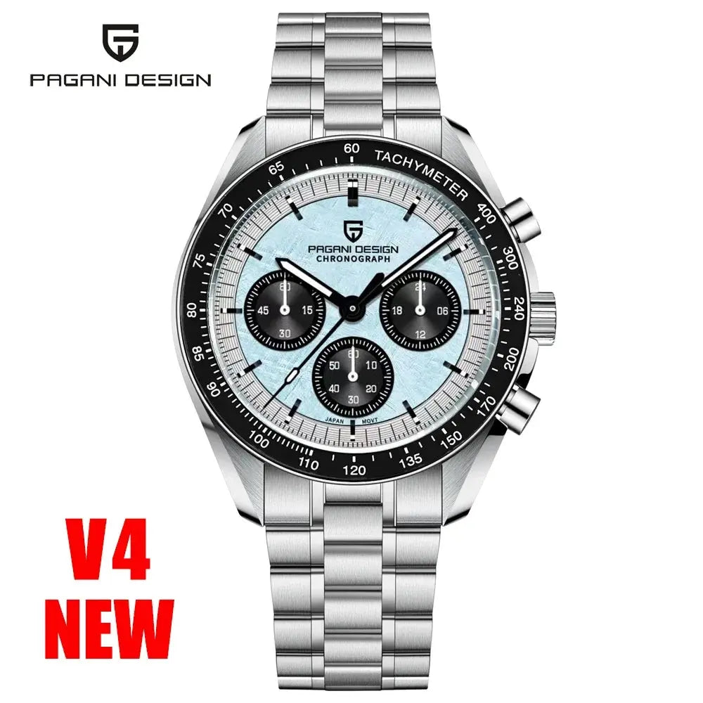 Pagani Design chronograph watch with stainless steel strap and light blue dial from Alcom Distribution