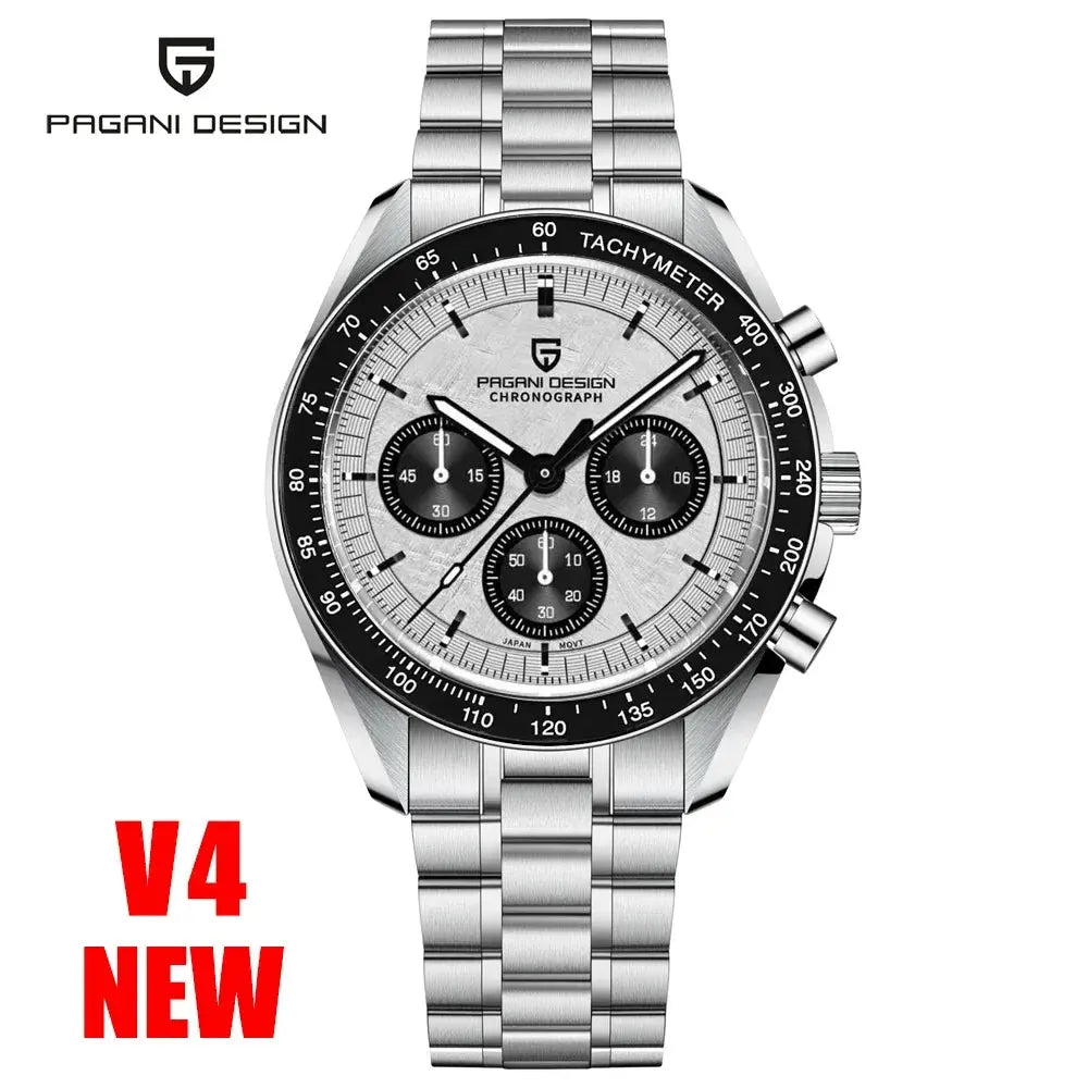 Pagani Design chronograph watch with silver stainless steel band and tachymeter bezel