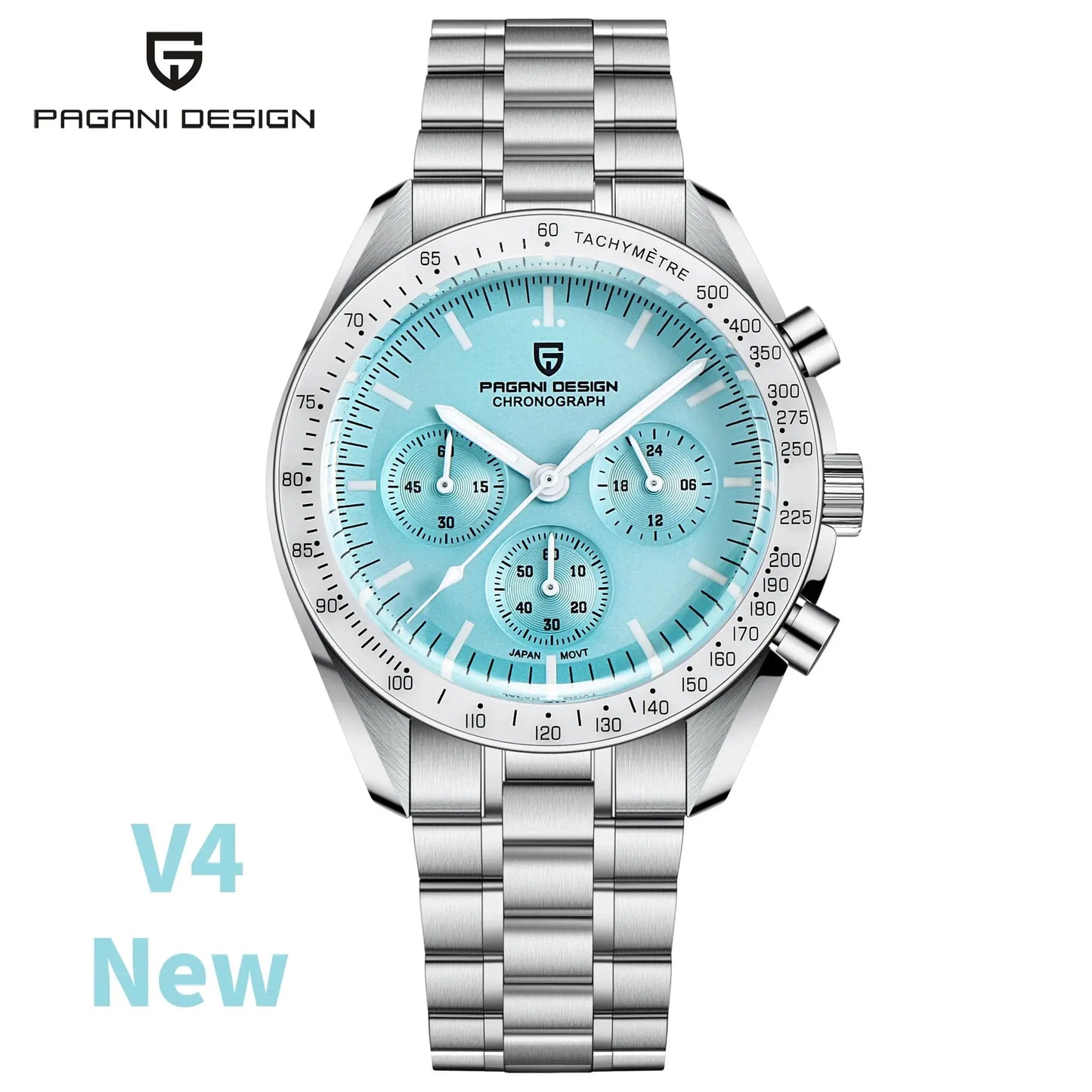 Pagani Design chronograph watch with silver stainless steel band and light blue dial