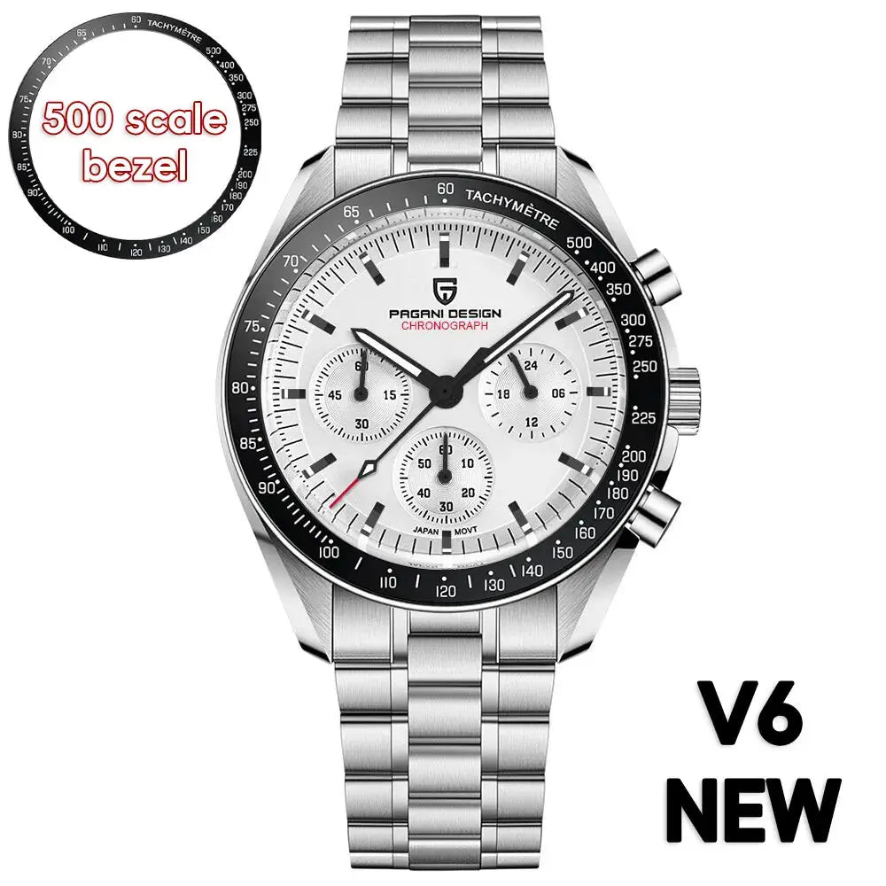 Pagani Design chronograph watch with silver stainless steel band and 500 scale tachymeter bezel