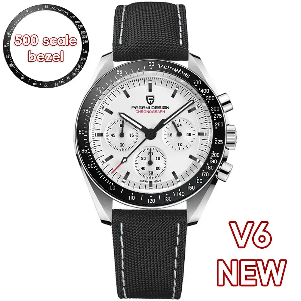 Pagani Design chronograph watch with 500 scale bezel and black fabric strap by Alcom Distribution