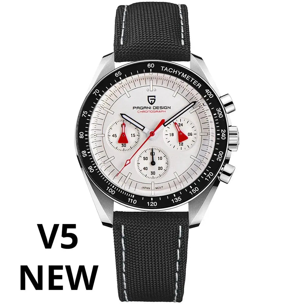 Pagani Design chronograph watch with white dial black bezel and black stitched fabric strap