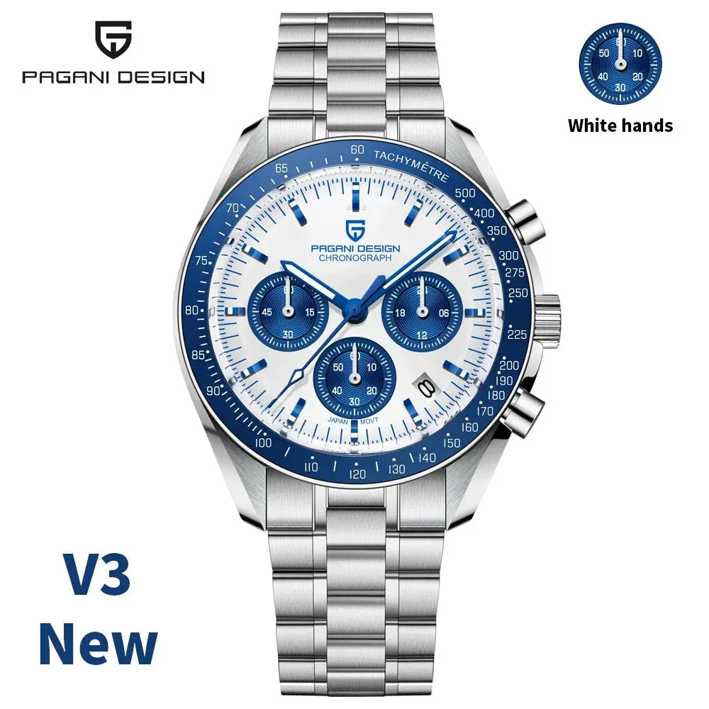 Pagani Design chronograph watch with stainless steel band and blue and white dial by Alcom Distribution