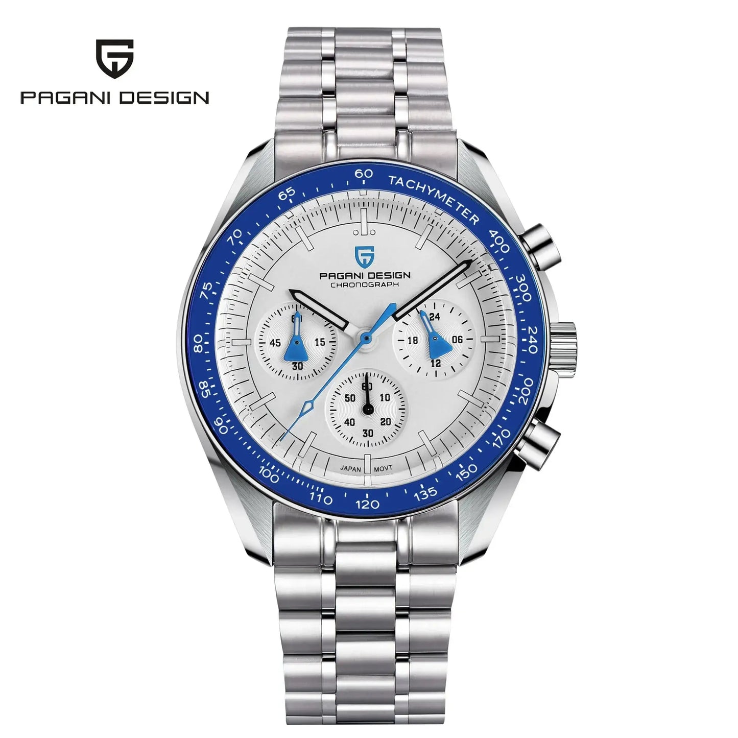 Pagani Design chronograph watch with silver stainless steel band and blue tachymeter bezel