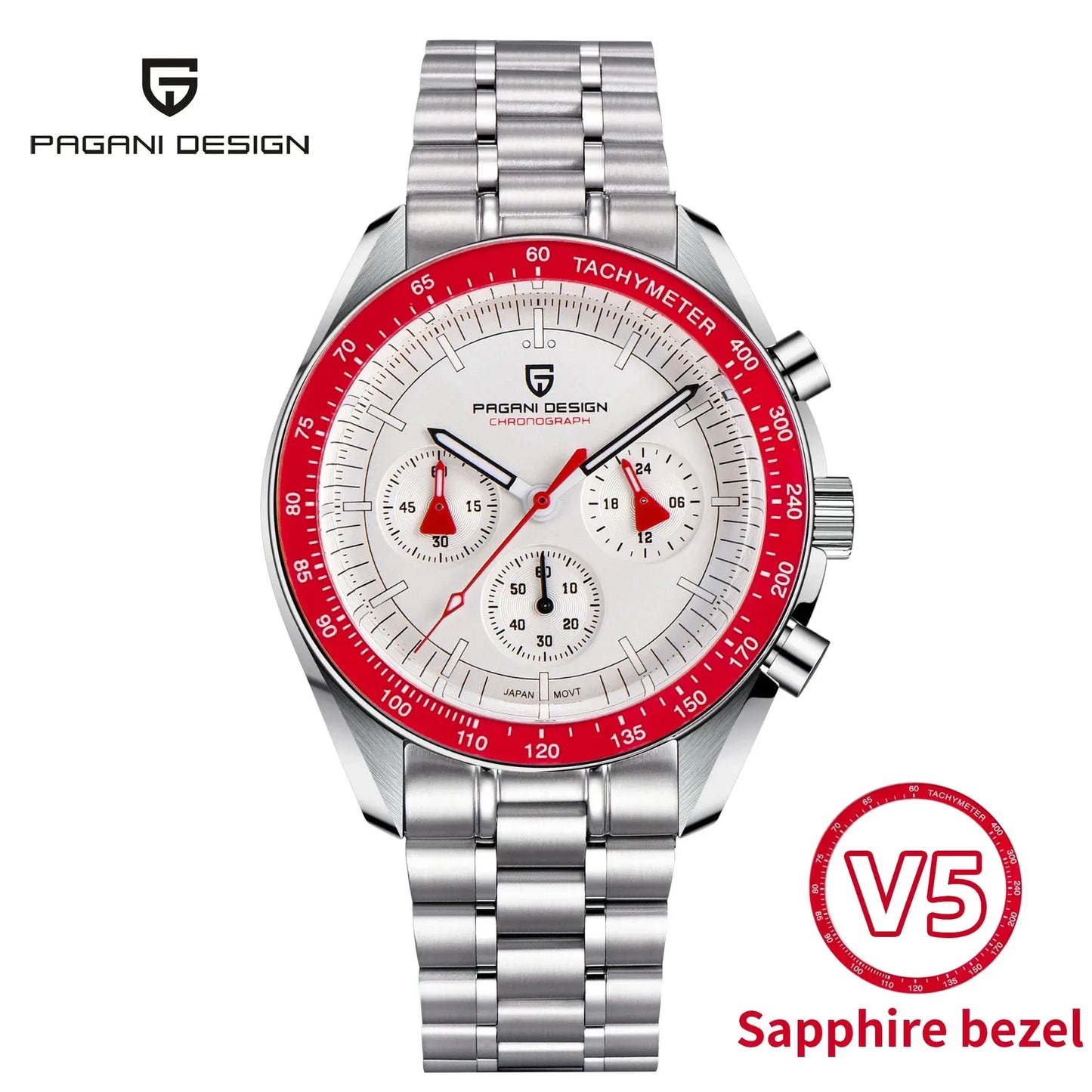 Pagani Design chronograph watch with red sapphire bezel and stainless steel bracelet