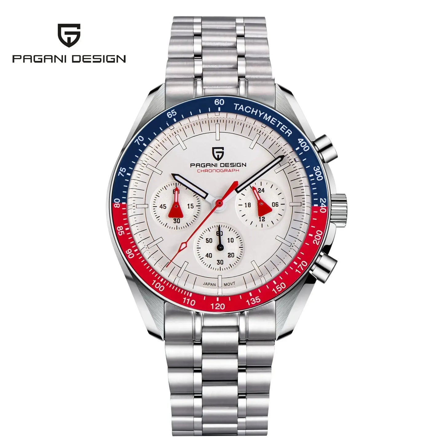 Pagani Design chronograph watch with stainless steel band and red blue tachymeter bezel