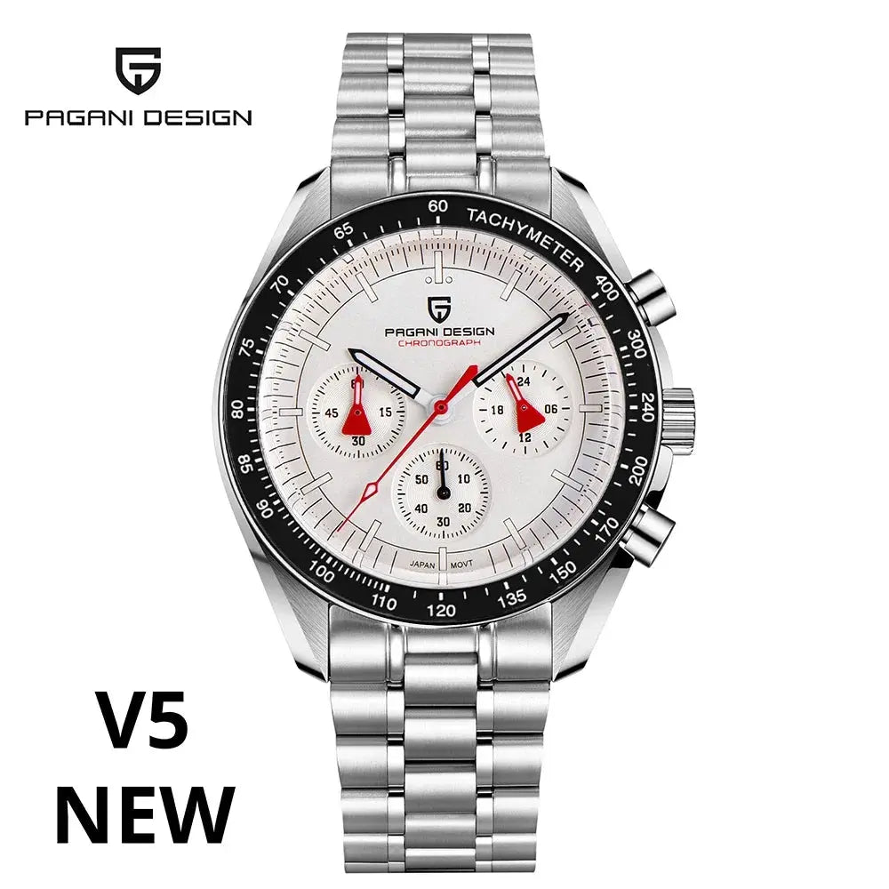 Pagani Design chronograph watch with silver stainless steel band and white dial tachymeter bezel