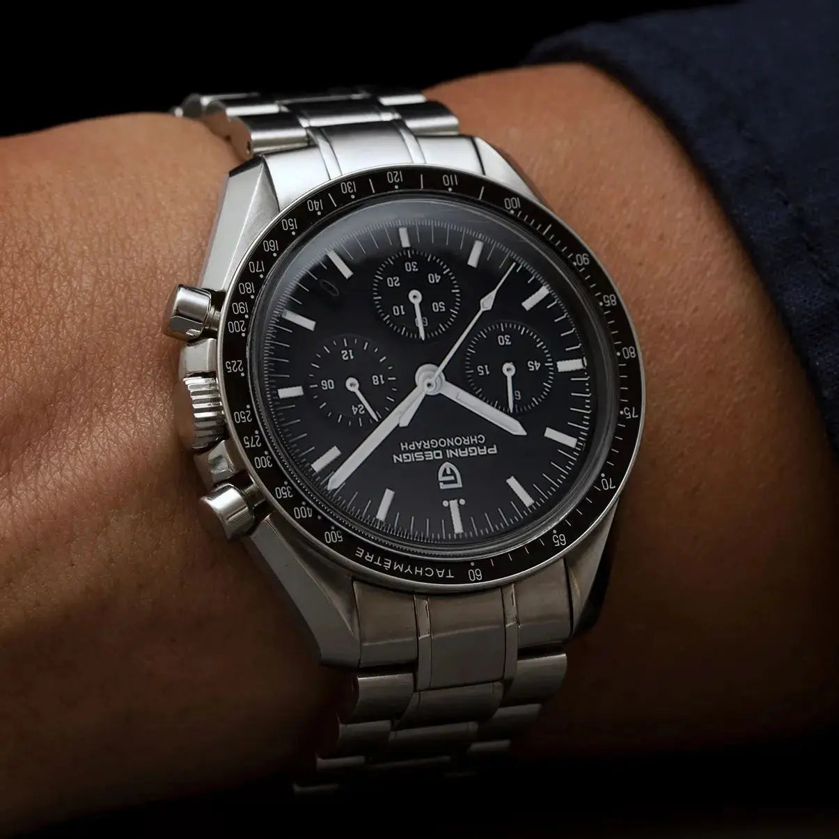 Pagani Design chronograph watch with stainless steel band and black dial on wrist