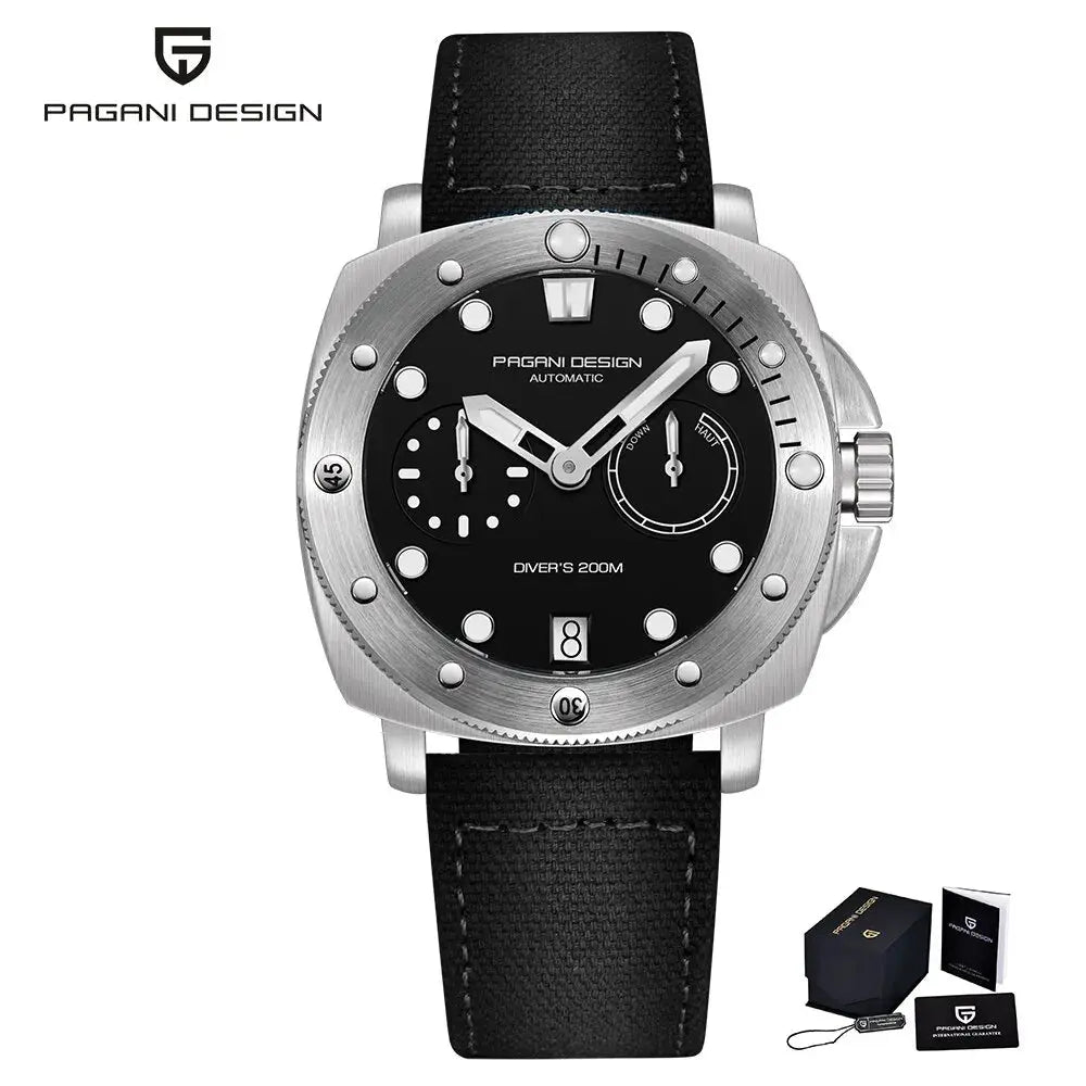 Pagani Design diver watch with black dial and leather strap waterproof to 200 meters