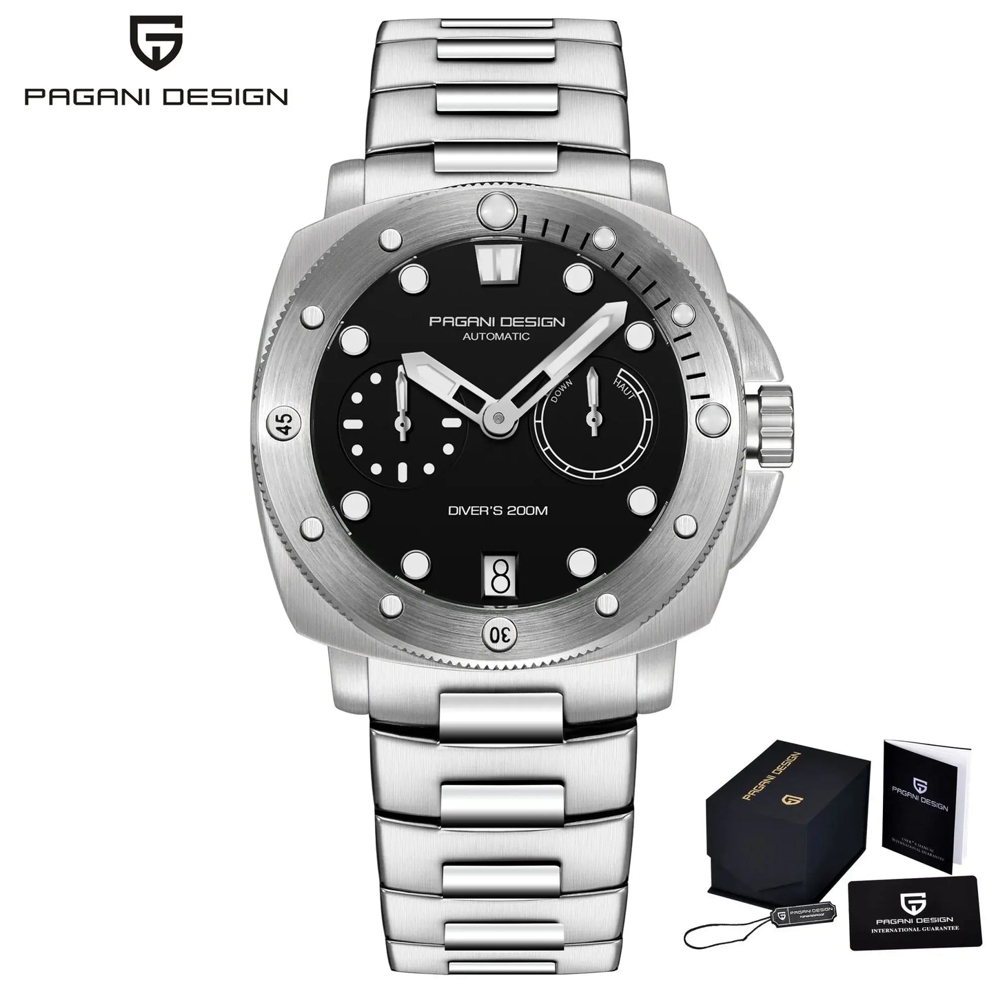 Pagani Design diver watch with black dial and stainless steel bracelet by Alcom Distribution