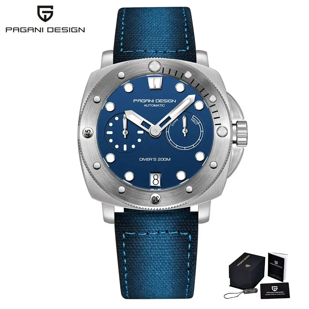 Pagani Design diver watch with blue dial and leather strap by Alcom Distribution