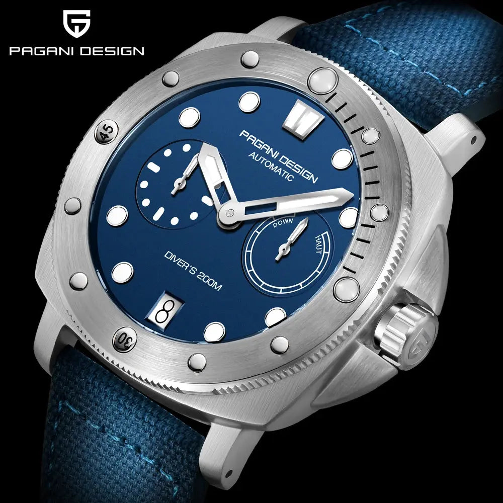 Pagani Design diver watch with blue dial and stainless steel case on blue fabric strap