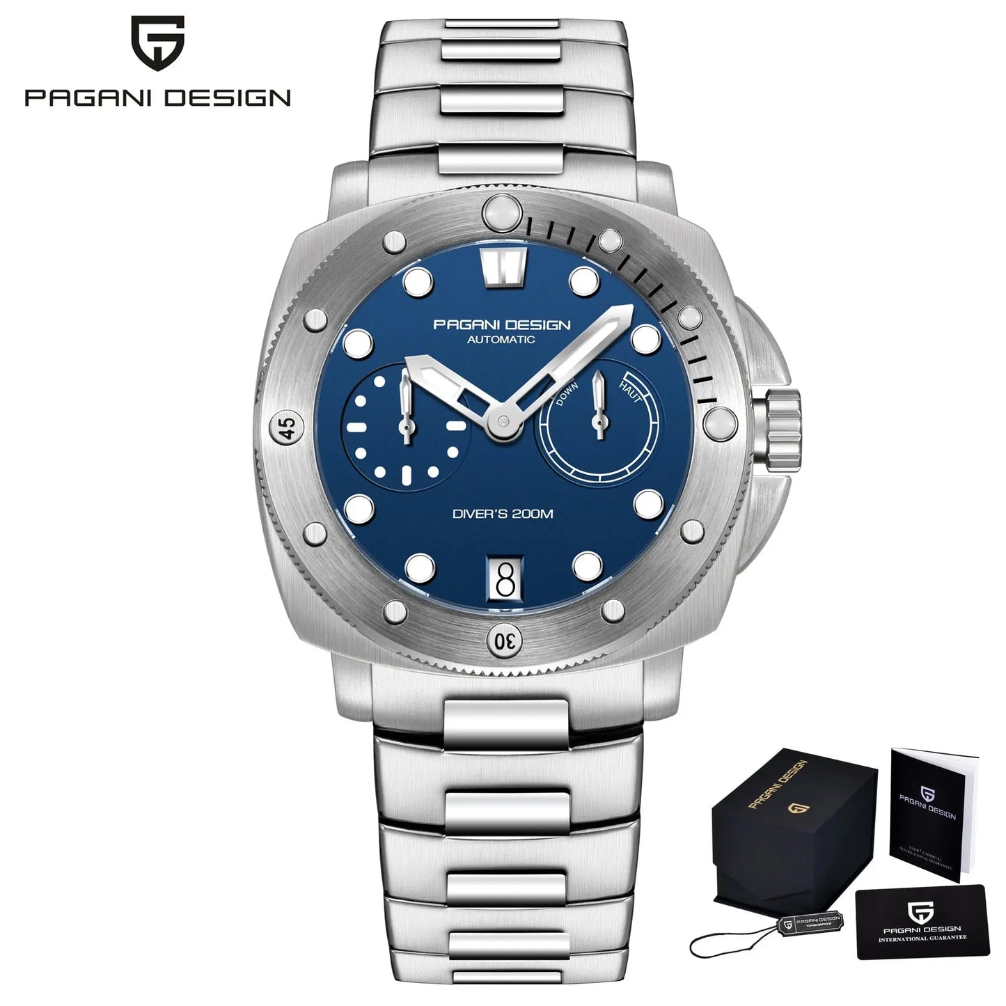 Pagani Design diver watch with blue dial and stainless steel bracelet by Alcom Distribution