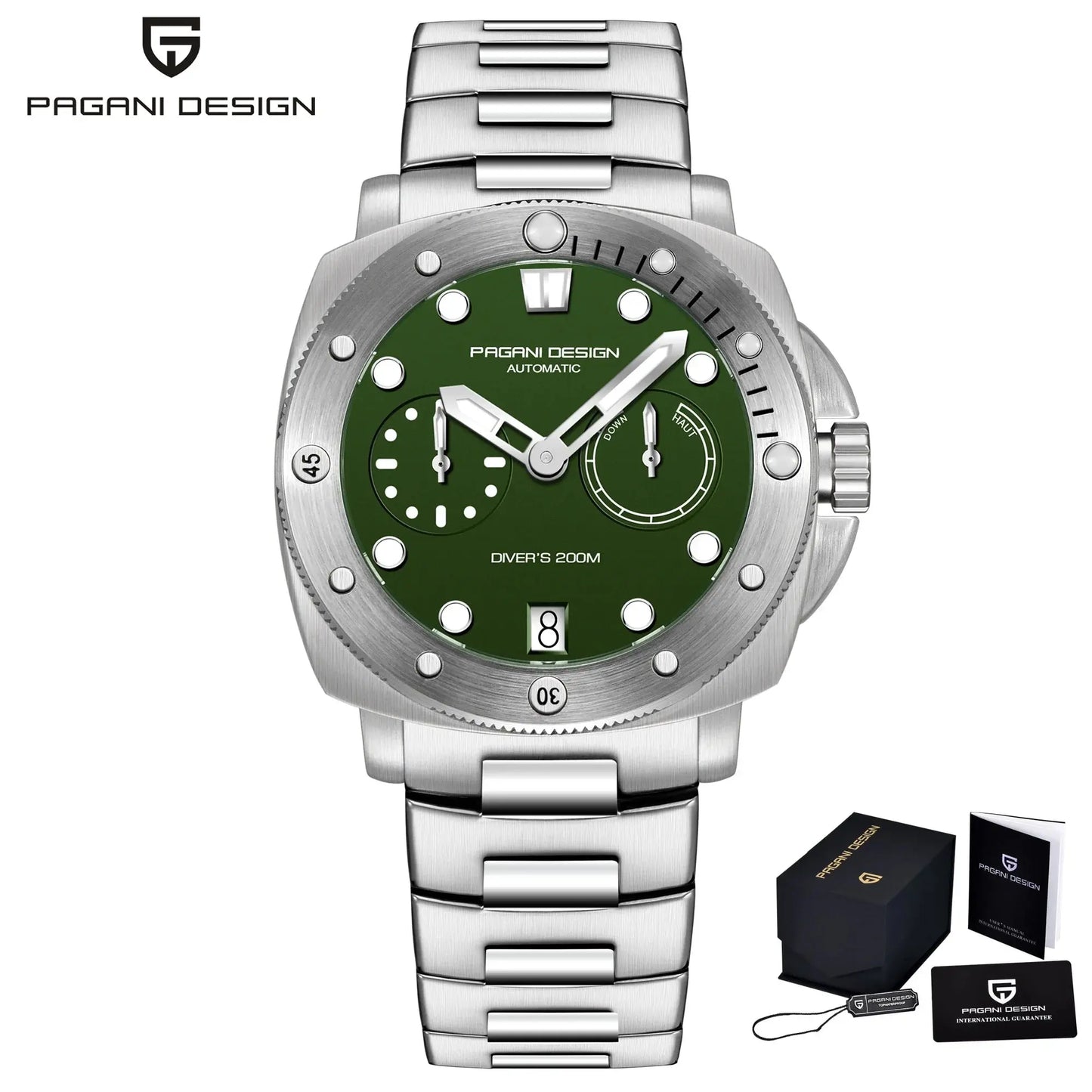 Pagani Design diver watch with green dial and stainless steel bracelet by Alcom Distribution